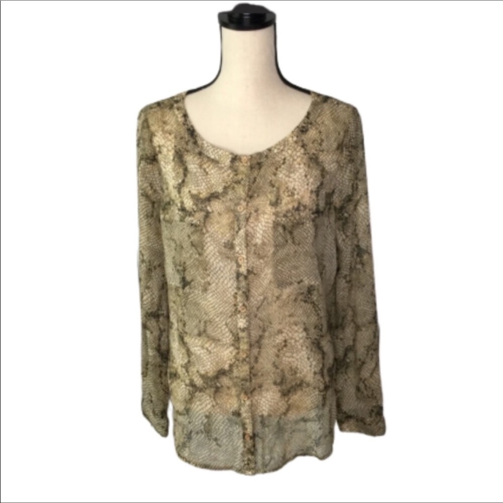 Ecote Tan & Brown Sheer Animal Print Blouse Large
